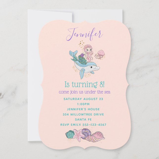 Cute Mermaid Riding a Dolphin Under the Sea Invitation (Front)