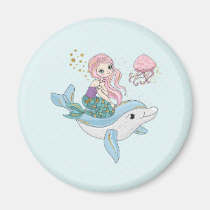 Cute Mermaid Riding a Dolphin Under the Sea Magnet