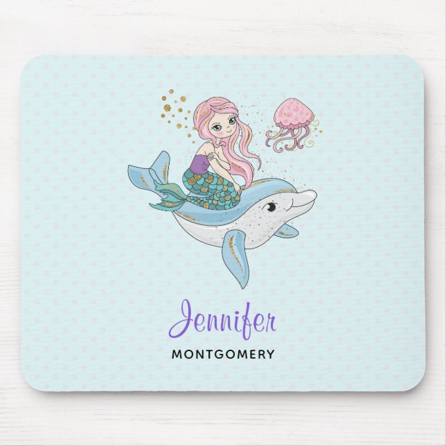 Cute Mermaid Riding a Dolphin Under the Sea Mouse Mat (Front)