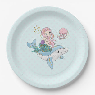 Cute Mermaid Riding a Dolphin Under the Sea Paper Plate