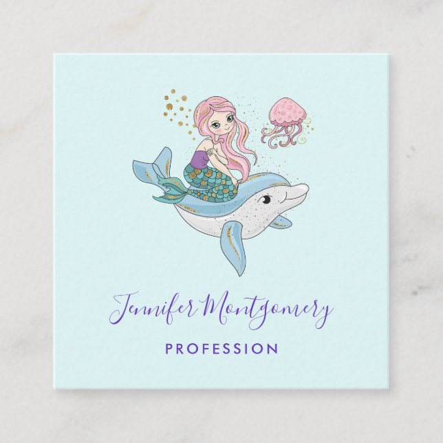 Cute Mermaid Riding a Dolphin Under the Sea Square Business Card (Front)