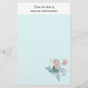 Cute Mermaid Riding a Dolphin Under the Sea Stationery