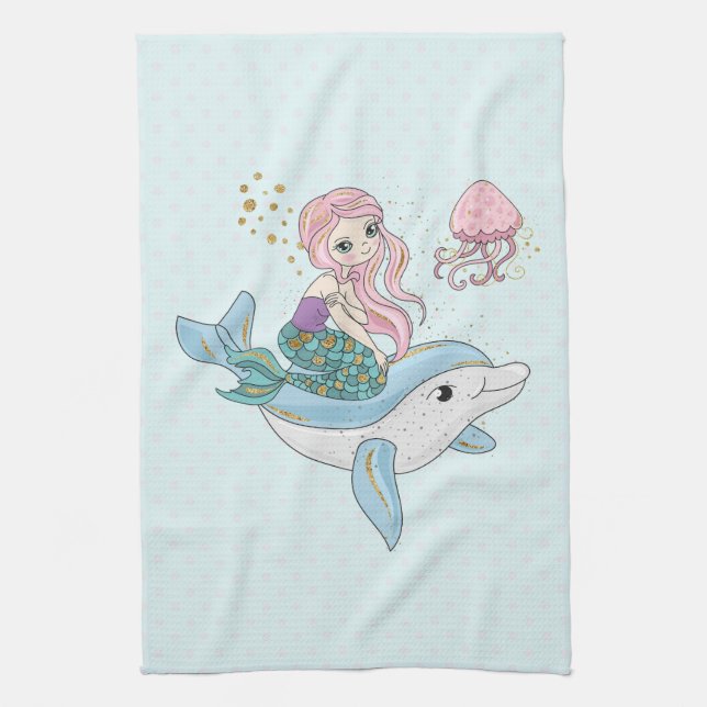 Cute Mermaid Riding a Dolphin Under the Sea Tea Towel (Vertical)