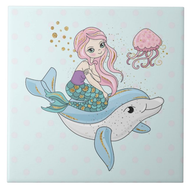 Cute Mermaid Riding a Dolphin Under the Sea Tile (Front)
