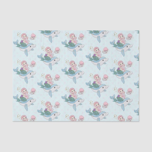 Cute Mermaid Riding a Dolphin Under the Sea Tissue Paper (Front)