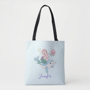 Cute Mermaid Riding a Dolphin Under the Sea Tote Bag