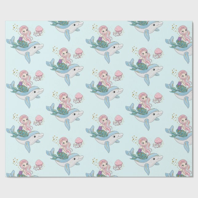 Cute Mermaid Riding a Dolphin Under the Sea Wrapping Paper (Flat)