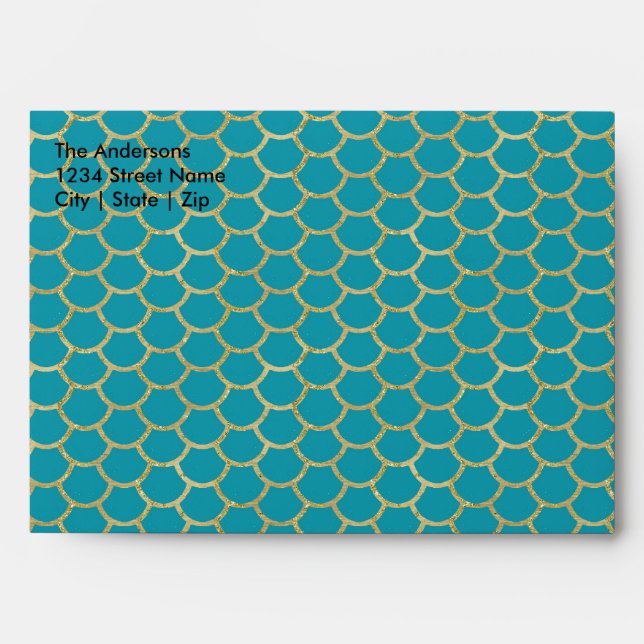 Cute Mermaid Scales Teal & Gold Birthday Party Envelopes (Front)