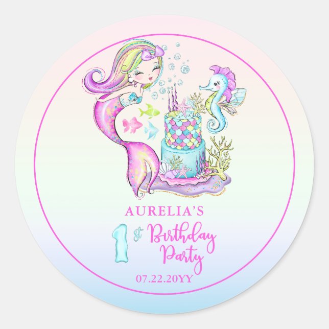 Cute Mermaid | Sea Girl's 1st Birthday Party Classic Round Sticker (Front)