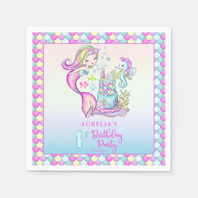 Cute Mermaid | Sea Girl's 1st Birthday Party  Napkin (Front)