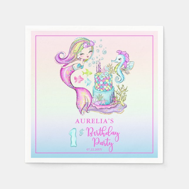 Cute Mermaid | Sea Girl's 1st Birthday Party Napkin (Front)