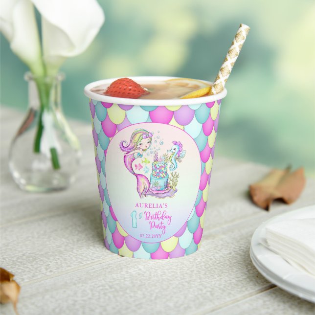 Cute Mermaid | Sea Girl's 1st Birthday Party Paper Cups (Insitu)