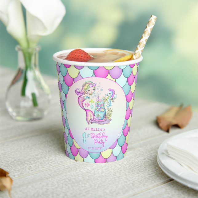 Cute Mermaid | Sea Girl's 1st Birthday Party Paper Paper Cups (Insitu)