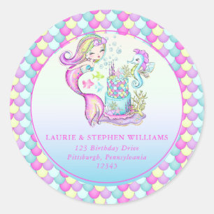 Cute Mermaid   Sea Girl's Birthday Return Address Classic Round Sticker