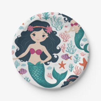 Cute Mermaid & Sea Shell Birthday Paper Plate