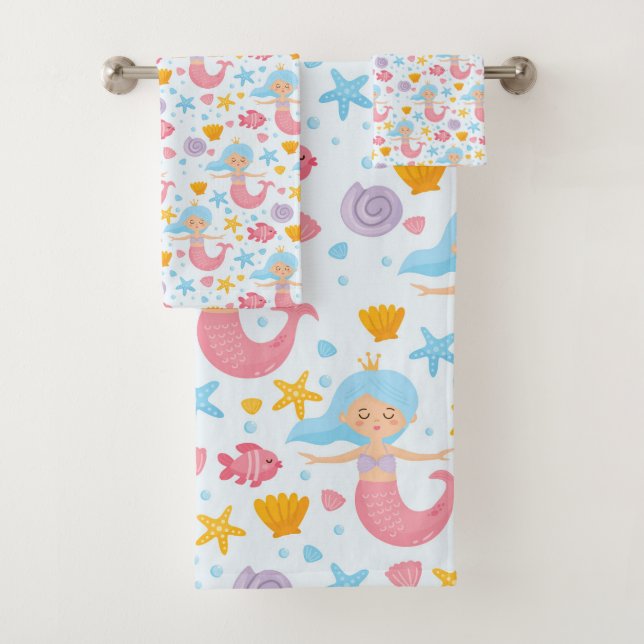 Cute Mermaid Seashells Ocean Life Beach Pattern  Bath Towel Set (Insitu)