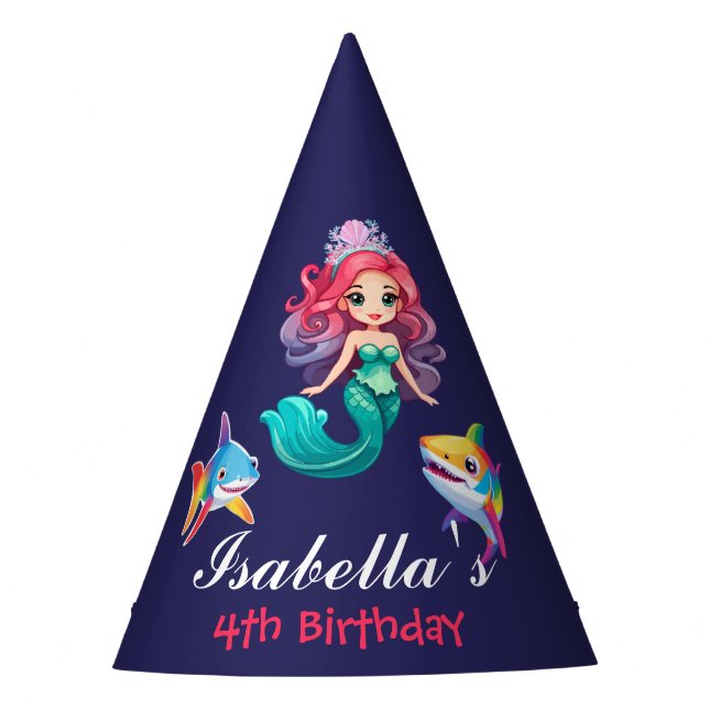 Cute mermaid shark fish rainbow Birthday Kids Party Hat (Front)