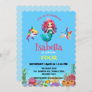 Cute Mermaid shark rainbow colourful birthday part Invitation