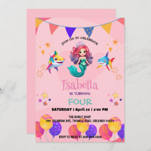 Cute Mermaid shark rainbow colourful birthday part Invitation