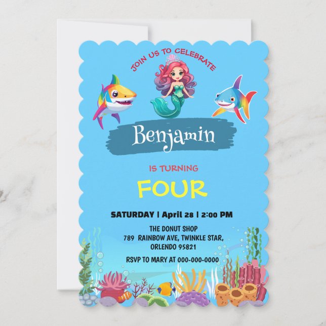 Cute Mermaid shark rainbow colourful birthday part Invitation (Front)