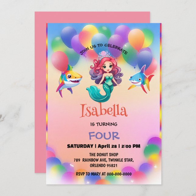 Cute Mermaid shark rainbow colourful birthday part Invitation (Front/Back)