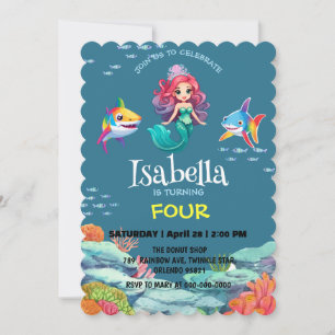 Cute Mermaid shark rainbow colourful birthday part Invitation