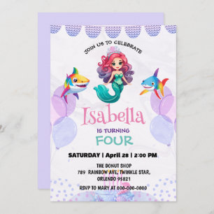 Cute Mermaid shark rainbow colourful birthday part Invitation