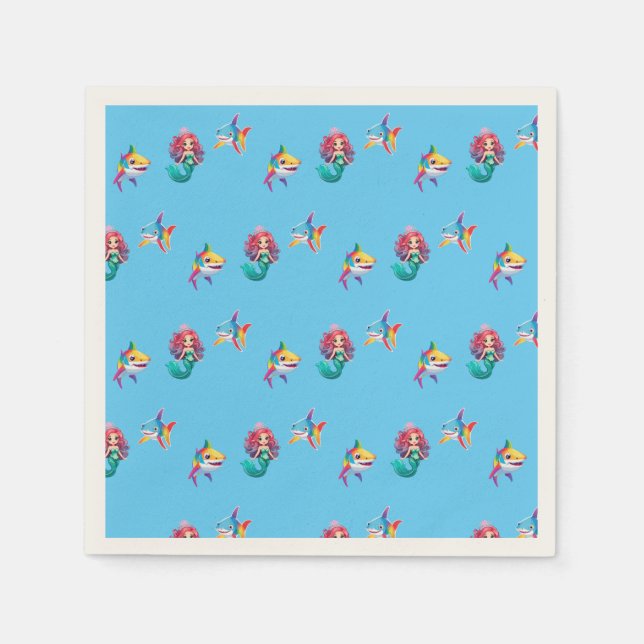 Cute Mermaid shark rainbow colourful birthday part Napkin (Front)