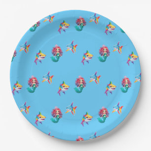 Cute Mermaid shark rainbow colourful birthday part Paper Plate