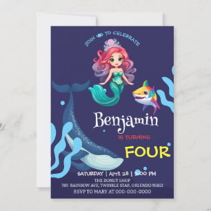 Cute Mermaid shark Whale colourful birthday party Invitation