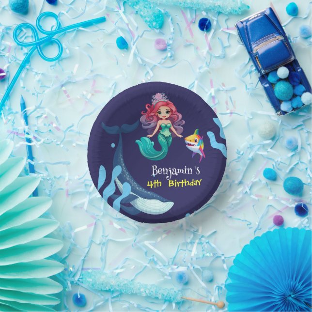 Cute Mermaid shark Whale rainbow colourful birthda Paper Plate (Party)