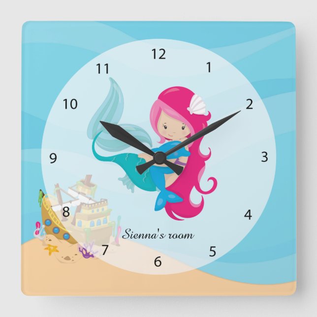 Cute Mermaid Square Wall Clock (Front)