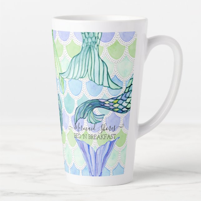 Cute Mermaid Tail Blue Scales Beach Personalised Latte Mug (Right)