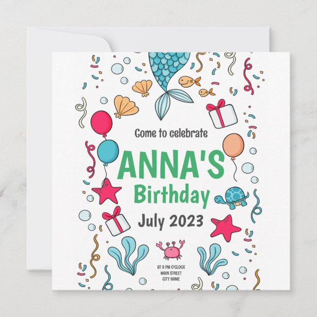Cute Mermaid Tail, Mermaid Birthday Invitation (Front)