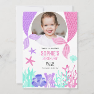 Cute Mermaid Tail, Mermaid With Photo Birthday Invitation