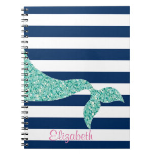 Cute Mermaid Tail, Navy Blue Stripes-Personalised Notebook