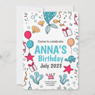 Cute Mermaid Tail, Under the sea Birthday  Invitation