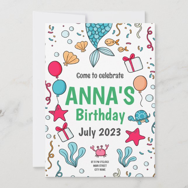 Cute Mermaid Tail, Under the sea Birthday  Invitation (Front)