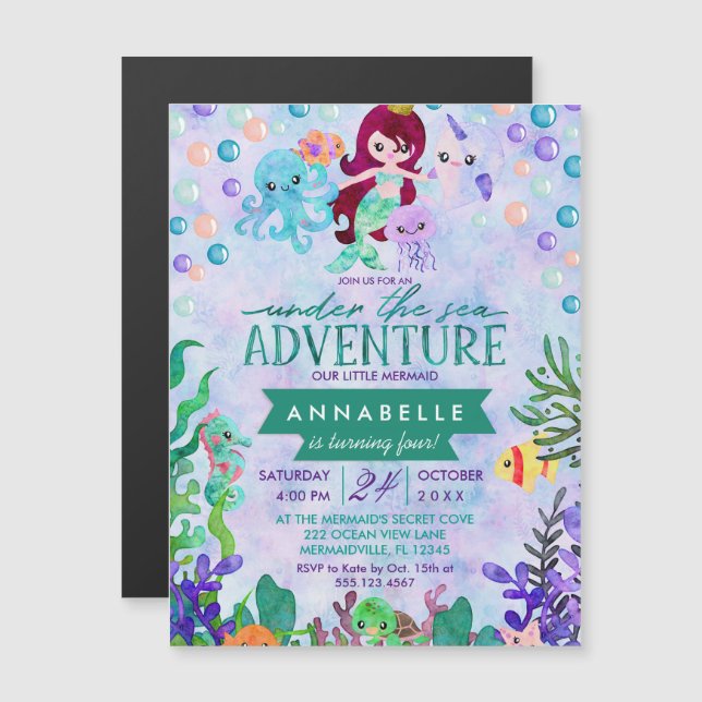 Cute Mermaid Theme Birthday Party Invitations (Front/Back)
