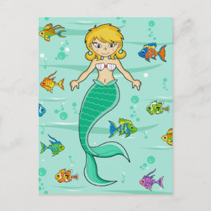 Cute Mermaid & Tropical Fish Postcard