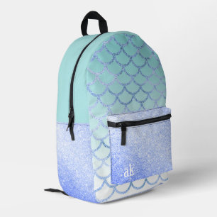Cute Mermaid Turquoise Purple Glitter Monogram Printed Backpack