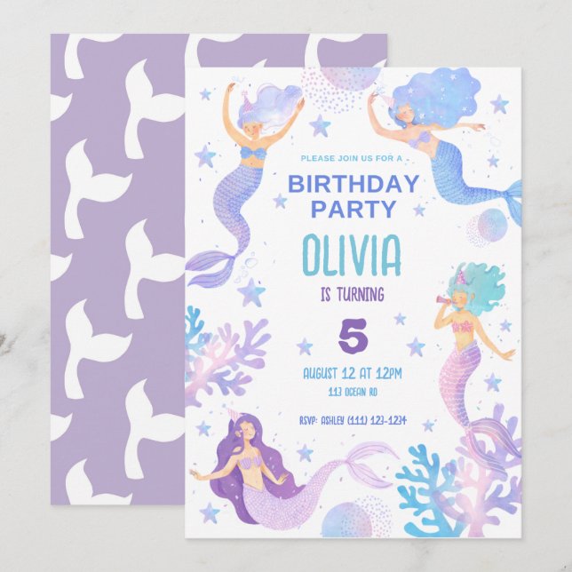 Cute Mermaid Under the Sea Birthday Party  Invitation (Front/Back)