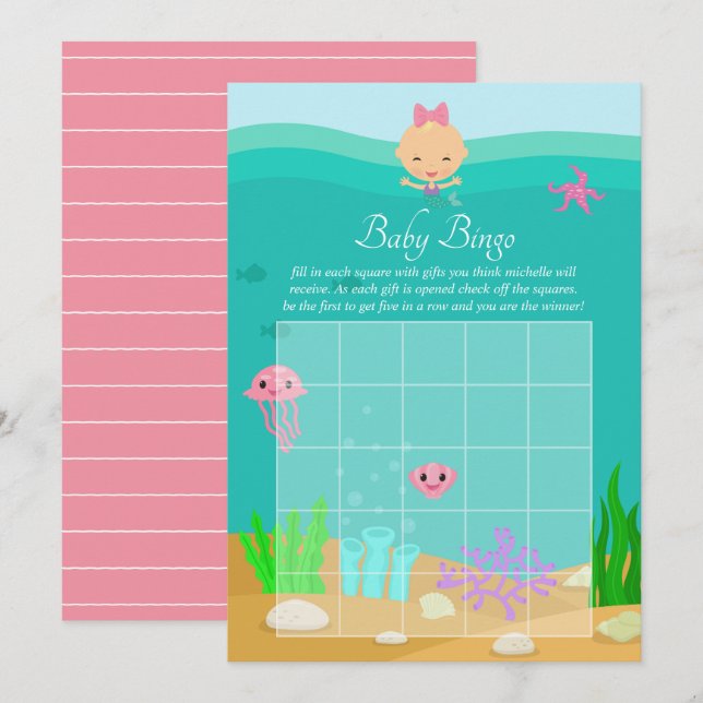 Cute Mermaid Under the Sea Girl Baby Shower Bingo Invitation (Front/Back)