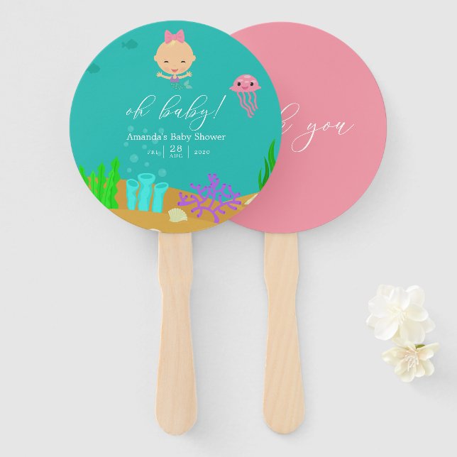 Cute Mermaid Under the Sea Girl Baby Shower Hand Fan (Front and Back)