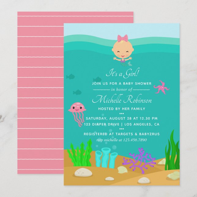 Cute Mermaid Under the Sea Girl Baby Shower Invitation (Front/Back)