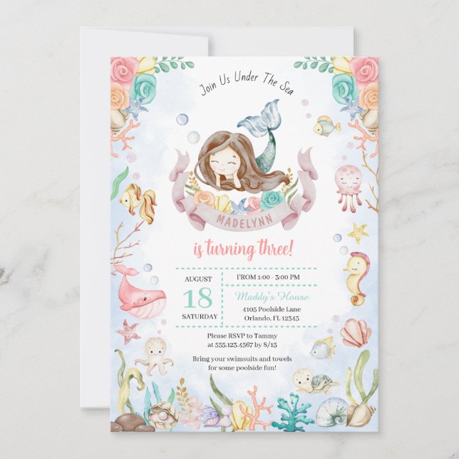 Cute Mermaid Under The Sea Pool Party Birthday Invitation (Front)