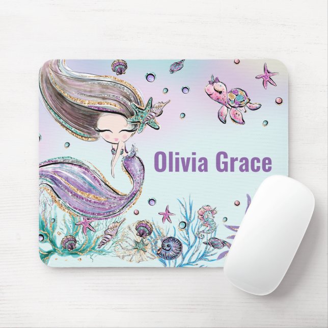 Cute Mermaid Under the Sea Purple Glitter Mouse Mat (With Mouse)