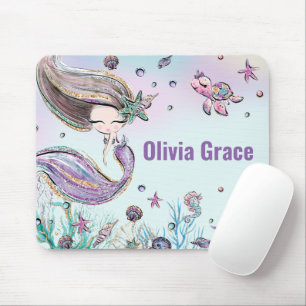Cute Mermaid Under the Sea Purple Glitter Mouse Pa Mat