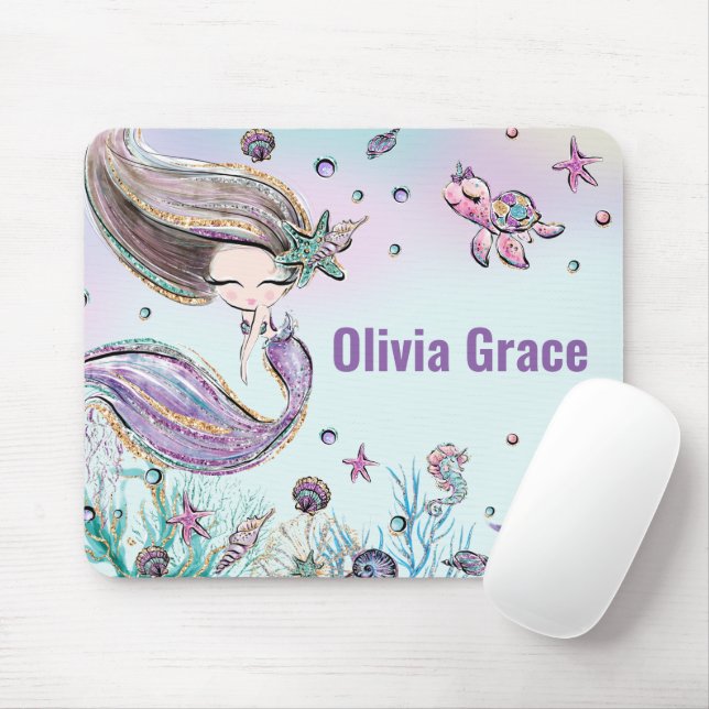 Cute Mermaid Under the Sea Purple Glitter Mouse Pa Mouse Mat (With Mouse)