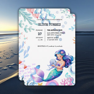 Cute Mermaid Under the Sea Watercolor Baby Shower Invitation